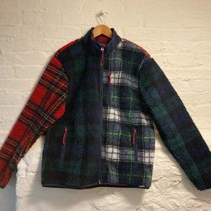 J. Crew Full Zip Nordic Sherpa Sweater in Patchwork Plaid, Large